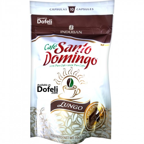 Premium Dominican ground coffee capsules, designed for lungo preparation with a smooth finish, Santo Domingo brand.