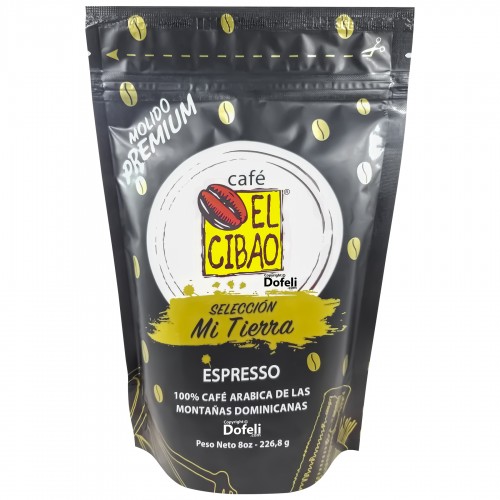 Extra fine El Cibao Mi Tierra Dominican espresso coffee, meticulously ground to yield a powerful, concentrated flavor with rich chocolate nuances.