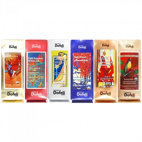 Dominican Republic mixed ground coffee souvenir with six flavored and traditional varieties.