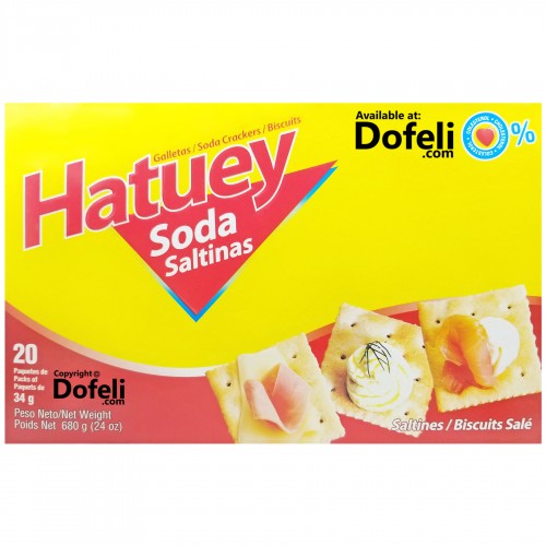 Dominican Republic Hatuey soda crackers, crunchy and lightly salted, served in 20 snack packets.