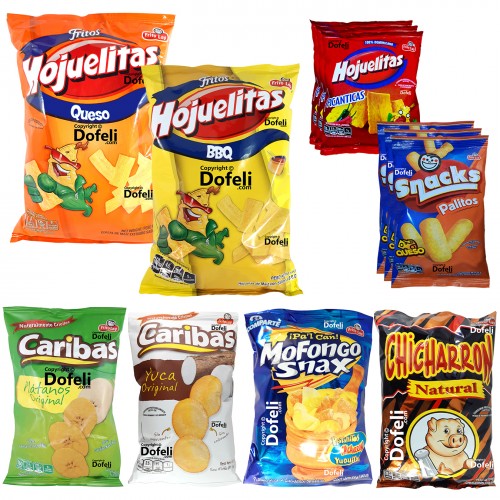 Assortment of 13 Dominican chips: Frito Lay Hojuelitas BBQ, Cheese, Mofongo, Pork Rinds Queso, Picanticas, Plátanos Maduros, Yuca, and more.