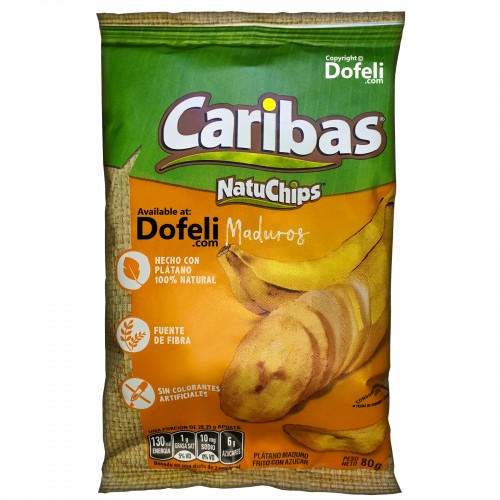 Dominican snack by Caribas, crunchy sweet plantain chips in small bag.