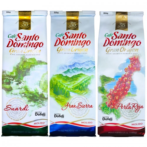 Single-origin inspired ground coffee set from the Dominican Republic highlighting floral, chocolate, and nutty notes: Suardí, Gran Sierra, and Perla Roja.