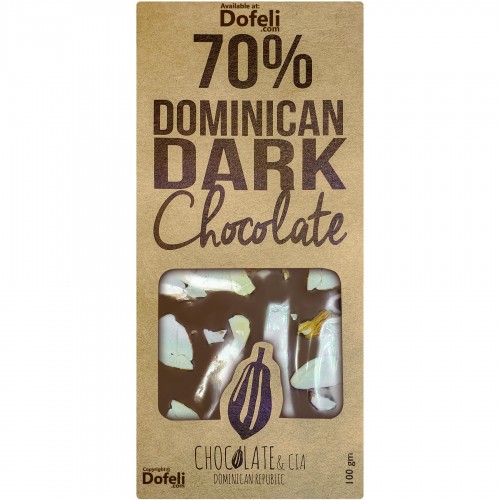 Chocolate Experience Dominican Republic organic bar with almonds, 70% dark cacao, nutritious and additive-free.